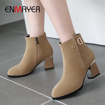 

ENMAYER Super High Square Heel Cow Suede Ankle Boots for Women Flock Spring/Autumn Short Plush Solid Winter Shoes Women Boots