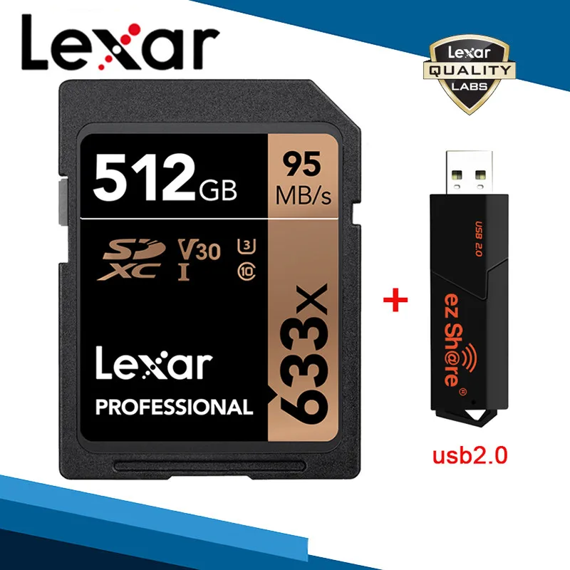 Lexar 633x SD SDXC карты памяти и ez Share кард-ридер USB 2,0 64 Гб Память 32 Гб UHS-I 512 Гб класс 10 256 ГБ V30 128 ГБ U3 карта - Емкость: 512G Card and Reader