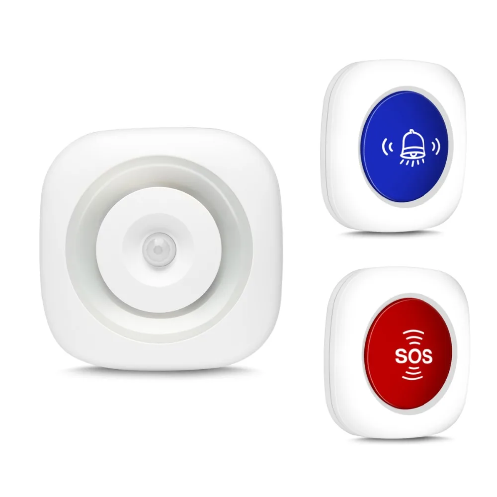 

KOOCHUWAH 360 PIR Motion Detector Alarm with Wireless Doorbell and SOS Button Adjust Volume Night Light Alert Battery Power