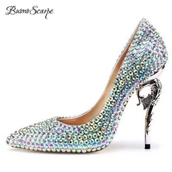 

BuonoScarpe Euro Luxury Women High Heel Wedding Pumps Crystal Bling High Heels Rhinestone Strass Shining Heels Pumps BridalShoes