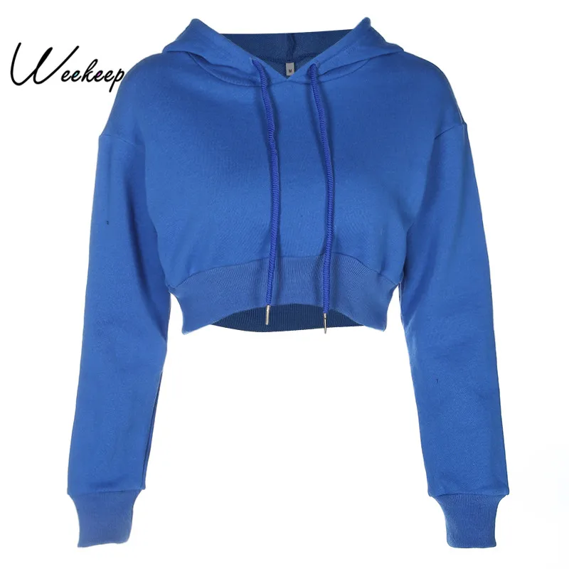 Weekeep Women Loose Elastic Waist Hoodies Blue Hooded Cropped ...