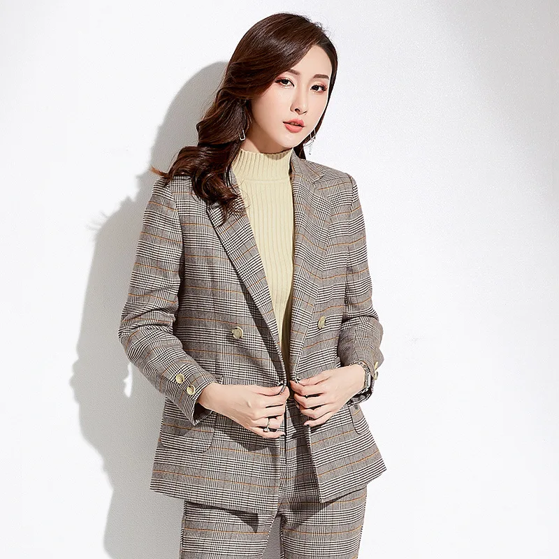 Shuchan 2019 New Korean Women Blazers And Jackets With Pockets Plaid Notched Double Breasted Fitted Female Jacket Woman Office