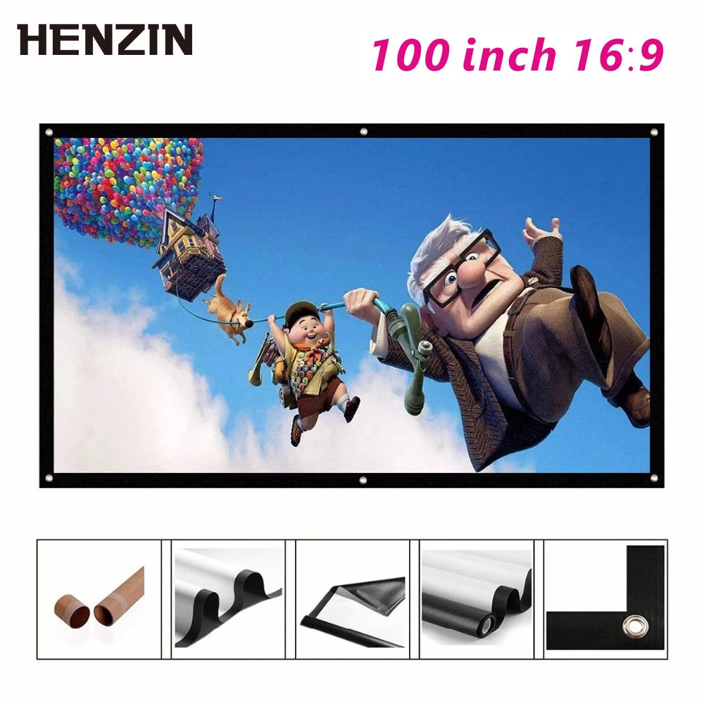 

100 inch 16:9 Projector Screen Matte White 3D HD Wall Mounted Portable Movie Projection Screen PVC Fabric Home Theater Business