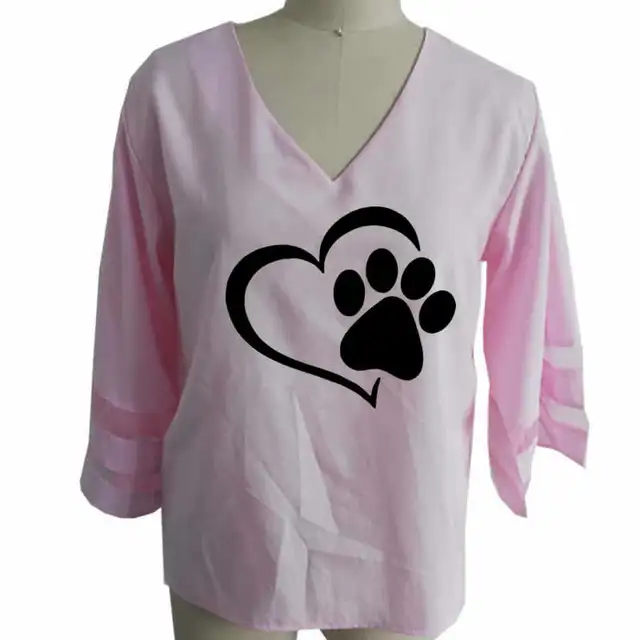 2019 Dropshipping New Fashion Dog Paw Print Women Sexy V-neck Splicing Hollow Plus Size T-Shirt Female Tops Half Sleeve Shirts 3