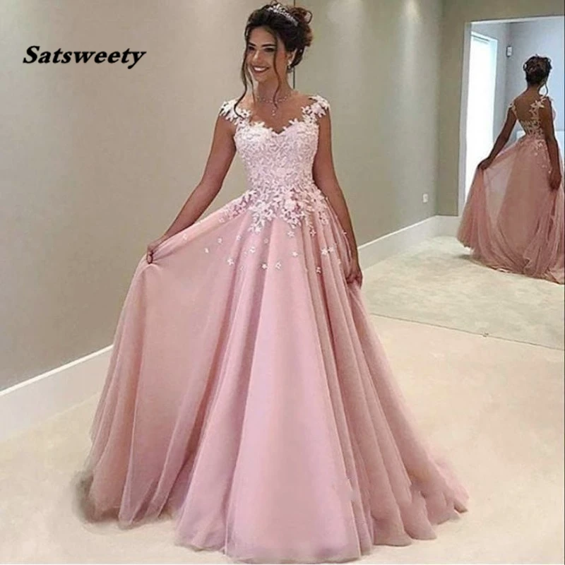 

Pink Appliques Tulle Long Evening Dresses Sweetheart Straps Floor Length Puffy Prom Gowns Party Dresses