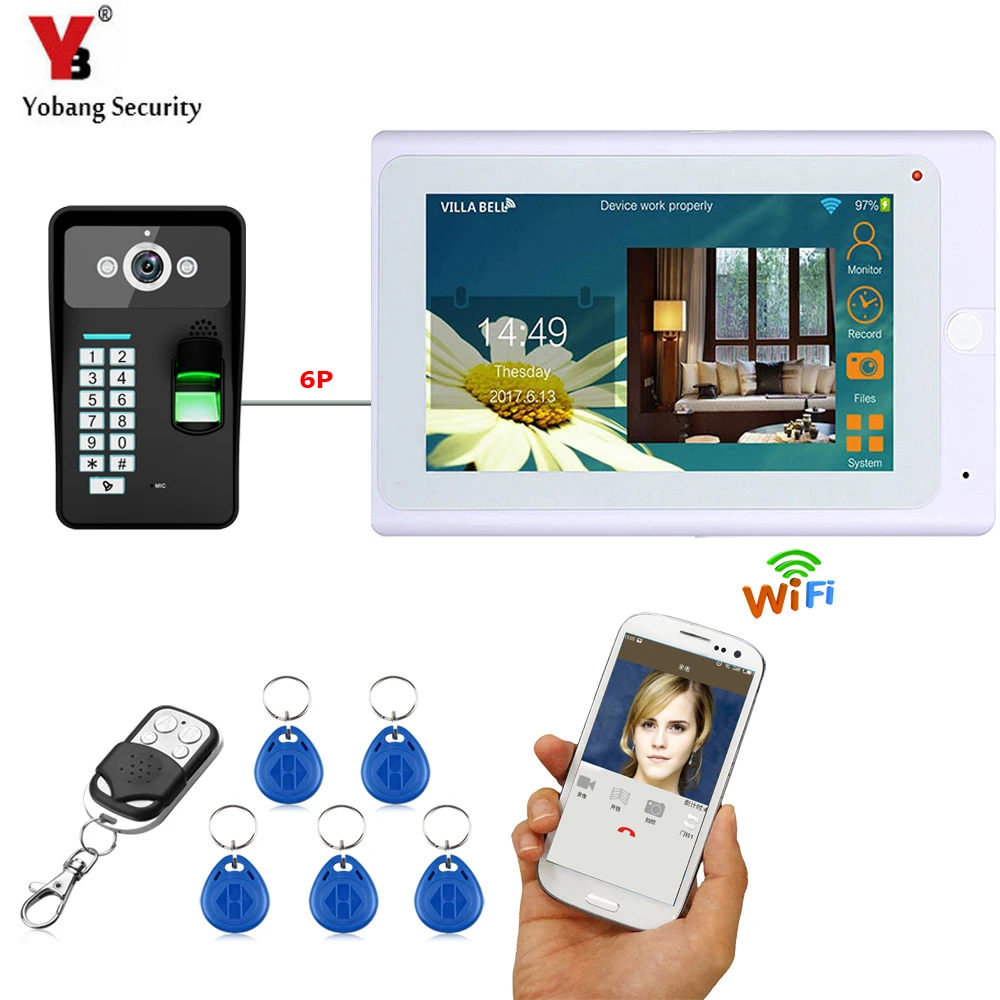 Yobangsecurity Wi-Fi Беспроводной видео-телефон двери Дверные звонки домофон Камера Системы отпечатков пальцев RFID пароль с белым 7 дюймов Мониторы