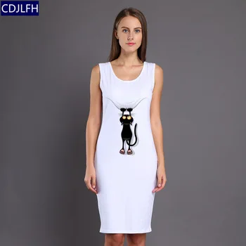 CDJLFH Brand Newest Summer Dress Lovely Cat Panda Print 20 Colors Women Round Neck Sleeveless White Dress Women Vestido LY255