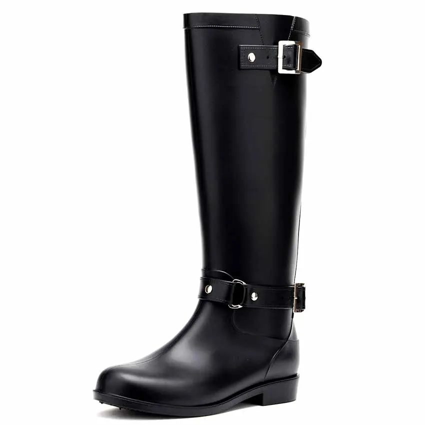 

2016 Winter High Quality PU Leather Martin Boots Fashion Buckle Women Motorcycle Boots Back Zipper Ladies Black Long Boots