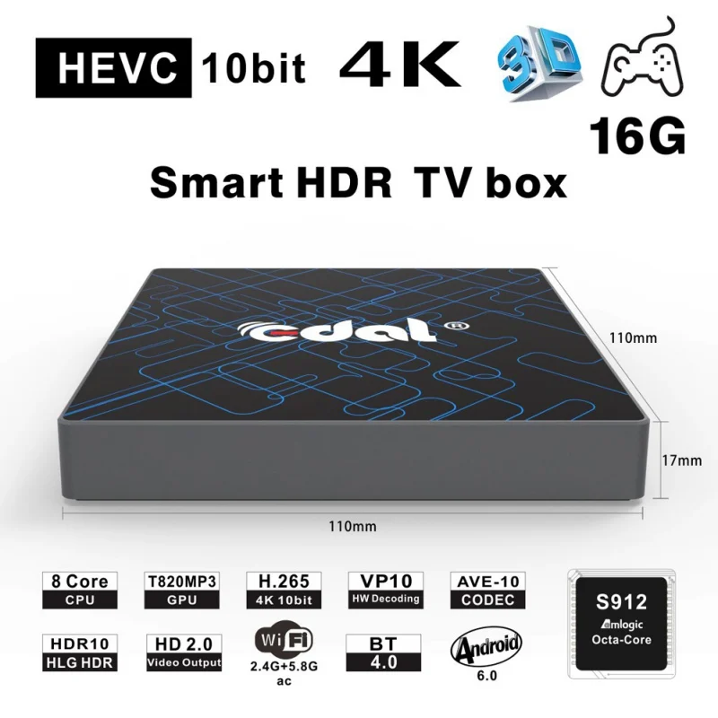 

QII Android 6.0 Smart TV Box Amlogic S912 Octa Core CPU up to 2GHz ARM Mali-T820MP3 GPU 2 /16 GB