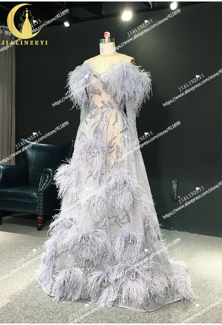 JIALINZEYI Реальный образец изображения Zuhiar Murad Фиолетовый Длинные рукава с плеча Бисер с перьями от платья вечерние платья