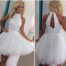 Heißer Verkauf Weiß Tüll A-linie Sexy Backless High Neck Gefrieste prom kleid Homecoming Kleider Cocktailkleider