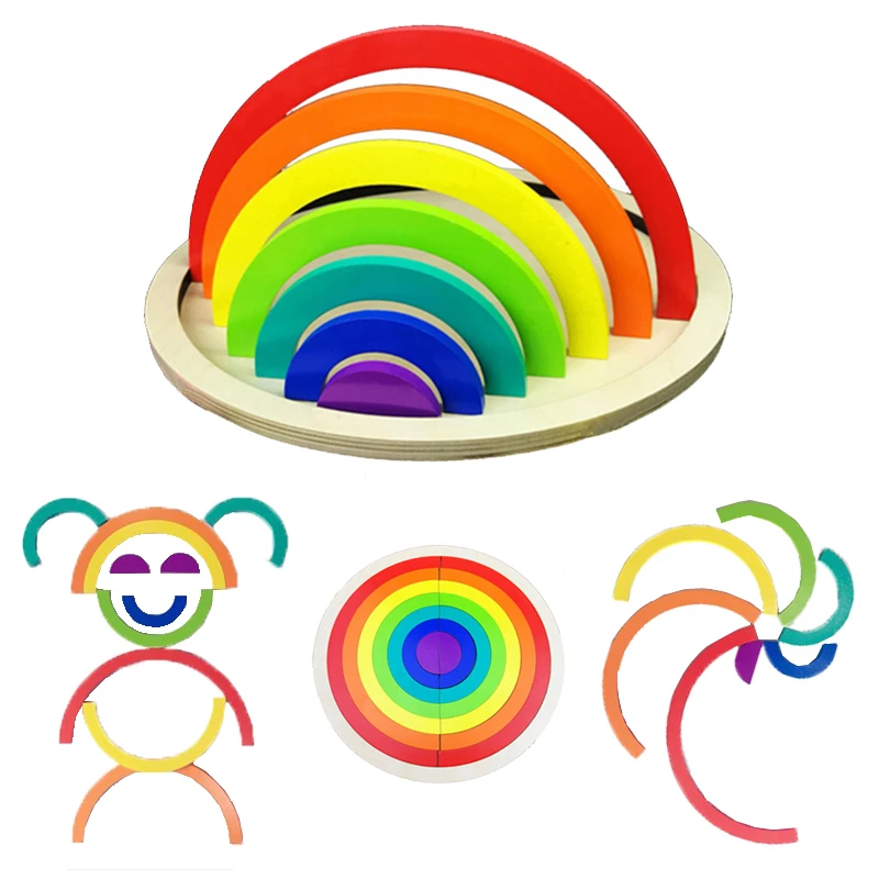 Rainbow Bridge Wooden Blocks Montessori Early Educational Wood Toy For Children Cognitive Color Space Sense 3-6 Years Old Toys