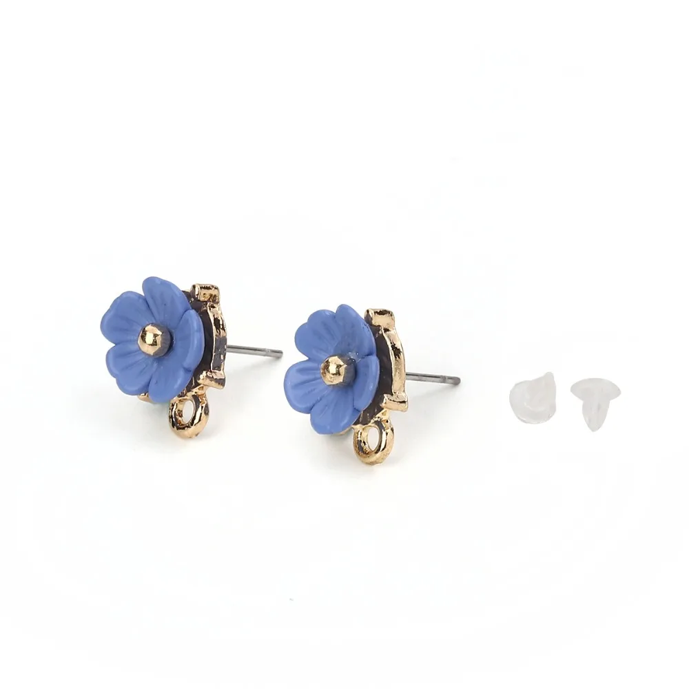 

DoreenBeads Zinc Based Alloy & Resin Ear Post Stud Earrings Findings Flower Gold Blue W/ Loop 14mm x 11mm, 6 PCs