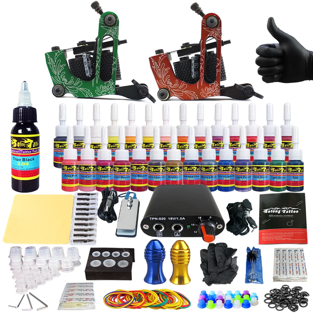 

Tattoo Kit 2 Machine Guns Set 28Color Inks Power Box Foot Pedal Needles TK204-15