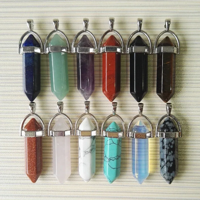 

Wholesale fahsion Hot Sale Assorted Natural Stone Pendants Charms Hexagonal Pointed Healing Reiki Chakra pendant 12pcs free