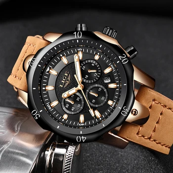

Relojes Hombre 2019 New LIGE Quartz Wristwatch Male Large Dial Gold Black Leather Watches Men Wild Sports Waterproof Chronograph