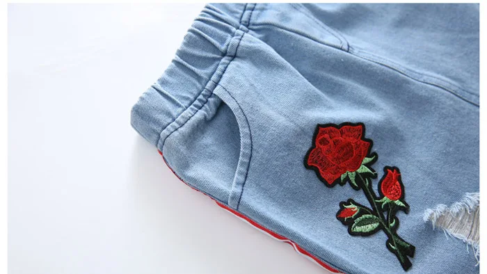 Летние хлопковые топы для маленьких девочек, футболка, Джинсовая юбка с вышивкой розы, комплект одежды для девочек 6, 8, 10, 12, 14 лет