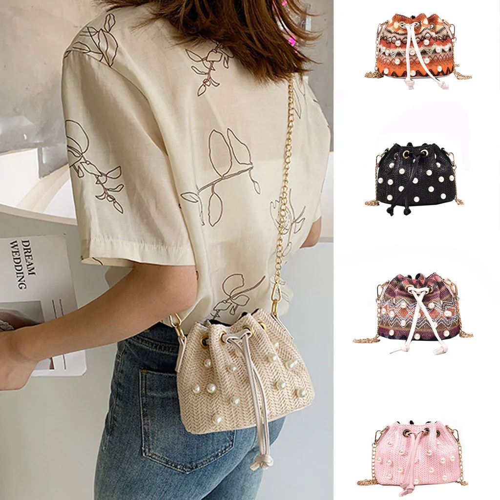 

Crossbody bags for women National Wind Straw Bag 2019 New Chain Woven women bag over shoulder Pearl Messenger Bag bolso mujer