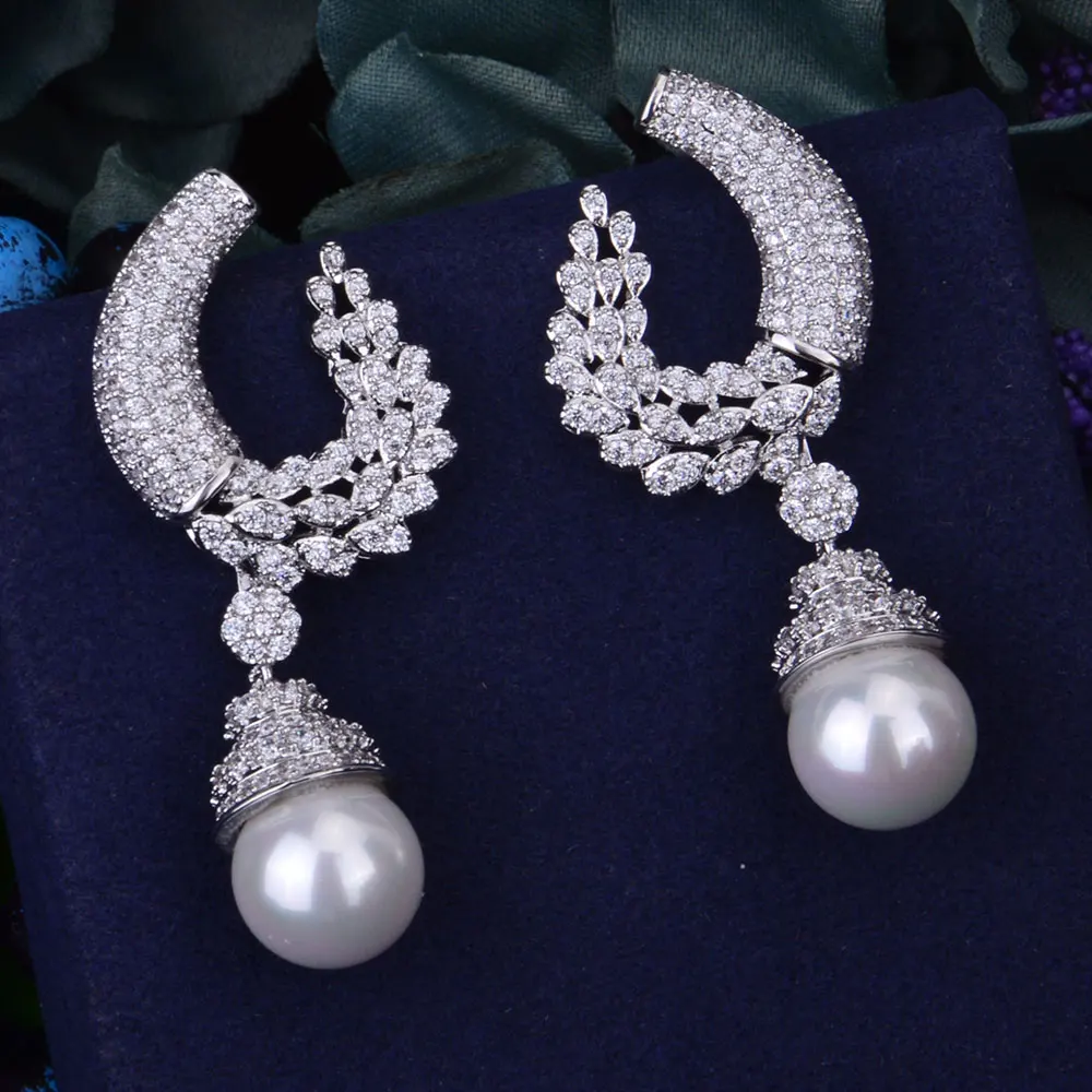 

GODKI Luxury Trendy Leaf Branch Simulated Pearl Full Mirco Paved Cubic Zirconia Naija Wedding Drop Earring Fashion Jewelry