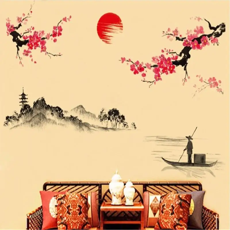 Traditional China Ink Painting Wall Stickers For Study Room Landscape