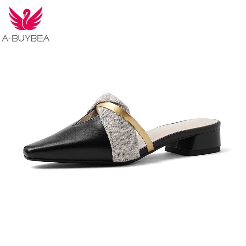 

New Real Leather Women Slippers Patchwork Pointed Toe Low Heels Women Shoes Fashion Ladies Black Summer Daliy Outside Shoes