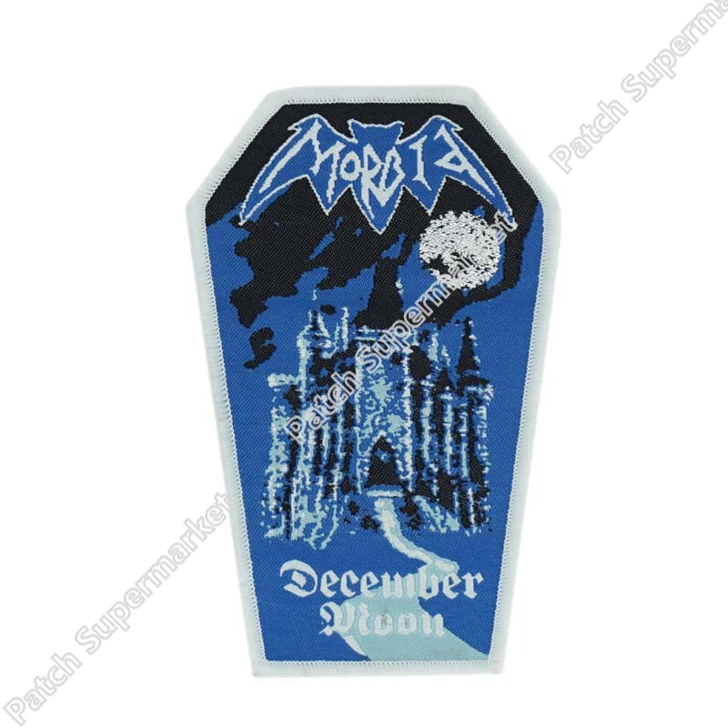 

4.7" Morbid December Moon Coffin Woven iron on Patch Obituary Benediction Bolt Thrower Carcass rock punk goth music band
