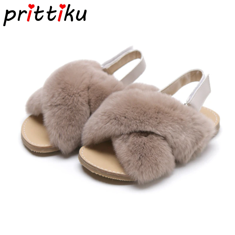 

2019 Girls Cross-Strap Rabbit Fur Spring Autumn Sandals Baby/Toddler/Little/Big Kid Slide Slippers Children Indoor Outdoor Shoes