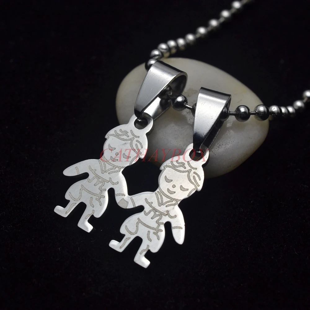 Silver Tone Stainless Steel Little Two Kids Children Boys Hand In Hand