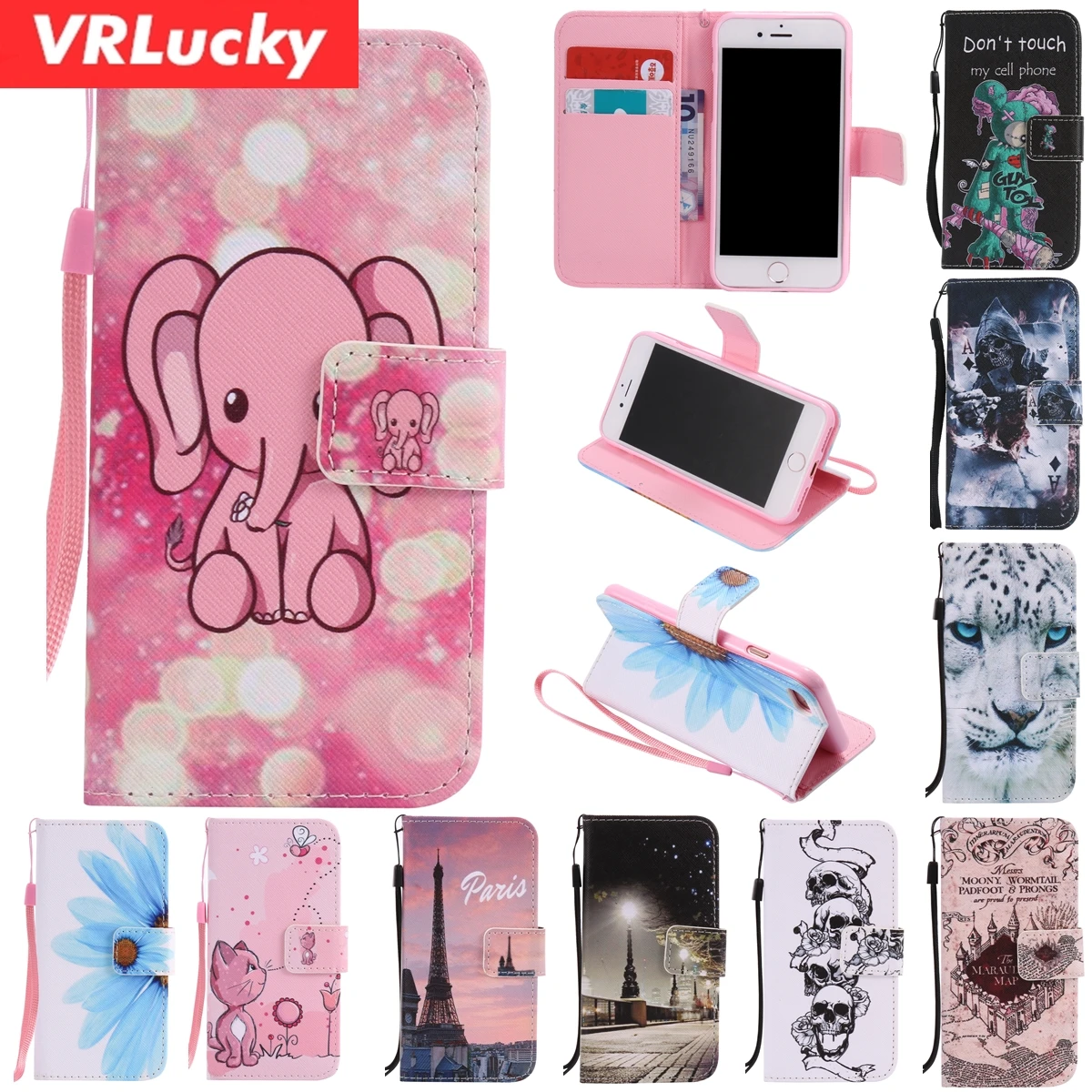 

VRLucky Elephant Cat Skull Pattern Leather Wallet Flip Phone Case For Samsung S9 S8 Plus S7 S6 Edge Note 8 J3 J5 J7 A3 A5 2017
