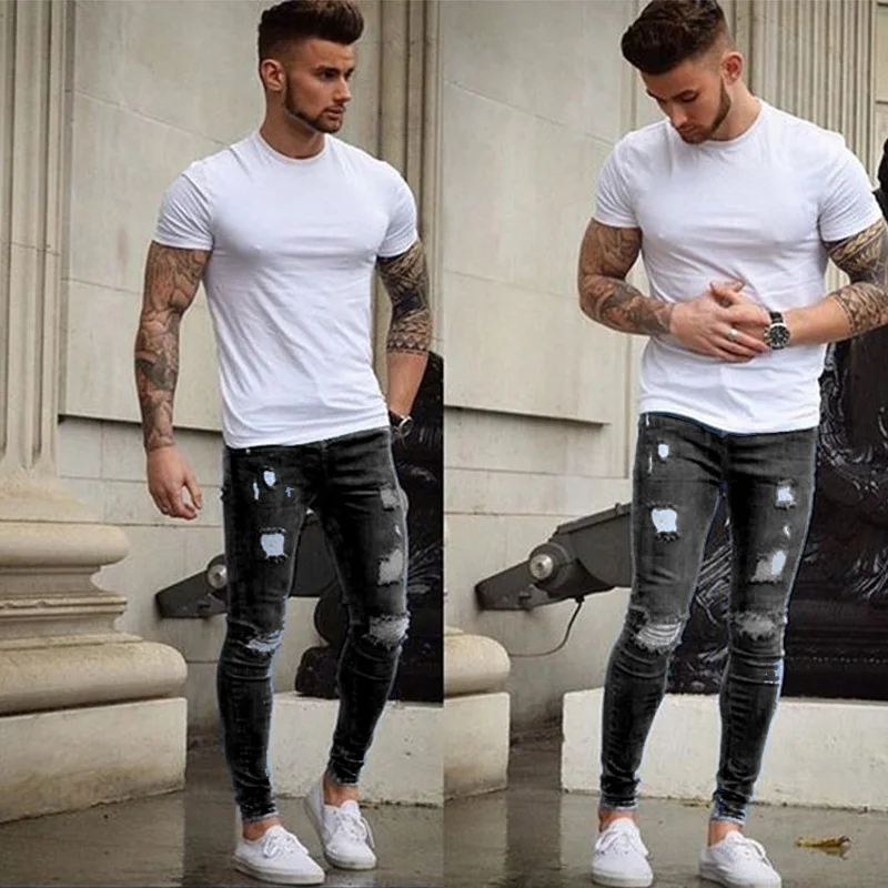 Skinny Ripped Biker Jeans Men 2018 Brand New Slim Fit Hip Hop Hole Mens Jeans Black Denim Trousers Fashion Boyfriend Jeans Pants