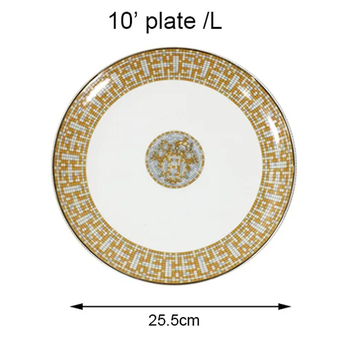 Напечатанная посуда Роскошные блюда для бифштекса тарелка Золотая и алмазная серия мозаика костяной фарфор поднос Европейская посуда для напитков посуда для торта столовая посуда - Цвет: B 10 INCH PLATE