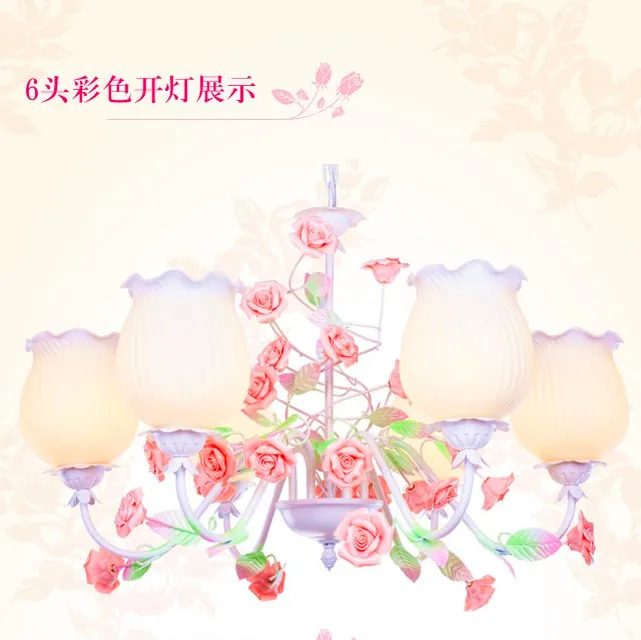 

European-style Garden Living Room Romantic Restaurants White Wrought Iron Pink Ceramic Flowers Glass Lampshade Pendant Lamp C186