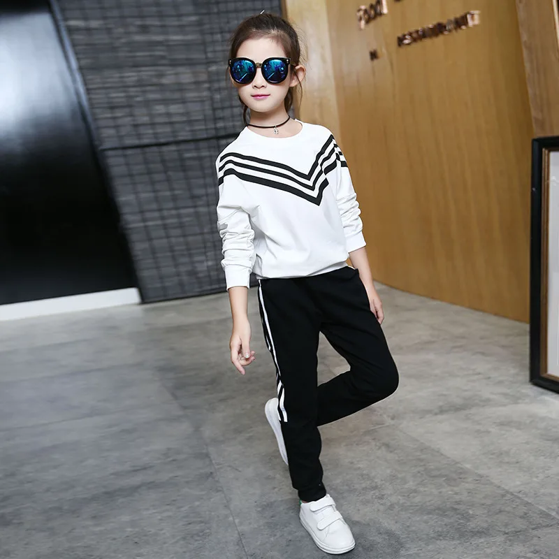 

2018 Spring Girls Child Suit Long Sleeve Solid Color Motion Navy Stripe Leisure Pants Twinset