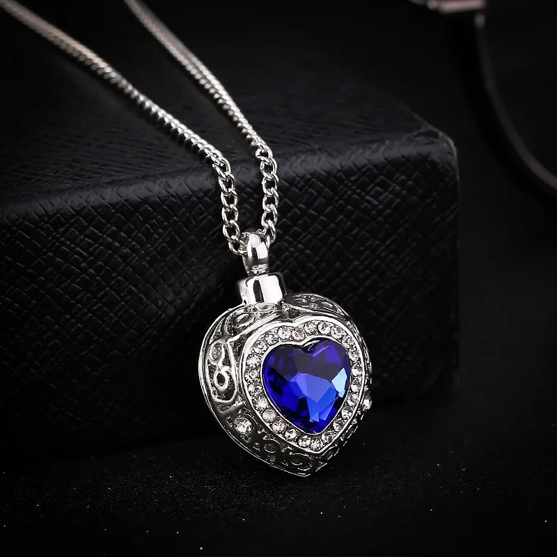 Fashion blue love ocean Heart crystal Cremation Bone Ashes urn Pendant necklace Vintage Memorial
