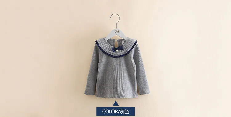 2018 Spring Autumn 100% Cotton White Grey Pink Solid Color Long Sleeve Pleated Turn-Down Collar Neck T Shirt For Girls 10 Years (2)