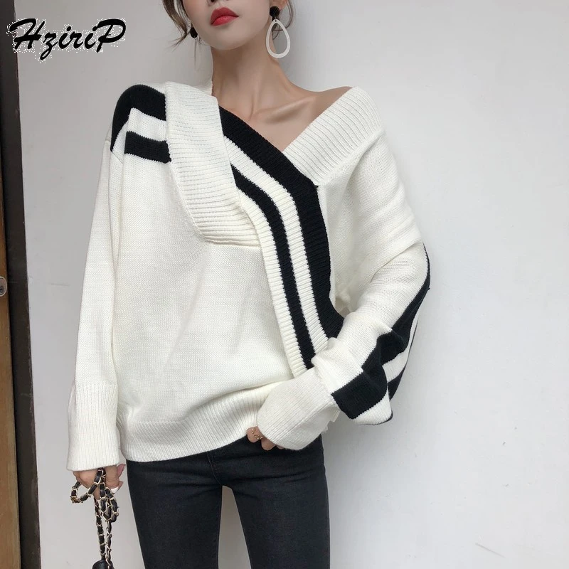 

HziriP 2018 Autumn Winter Comfortable Knitted Female Slash Neck Pullover Sweaters Color Matching All-Match High Quality Sweater
