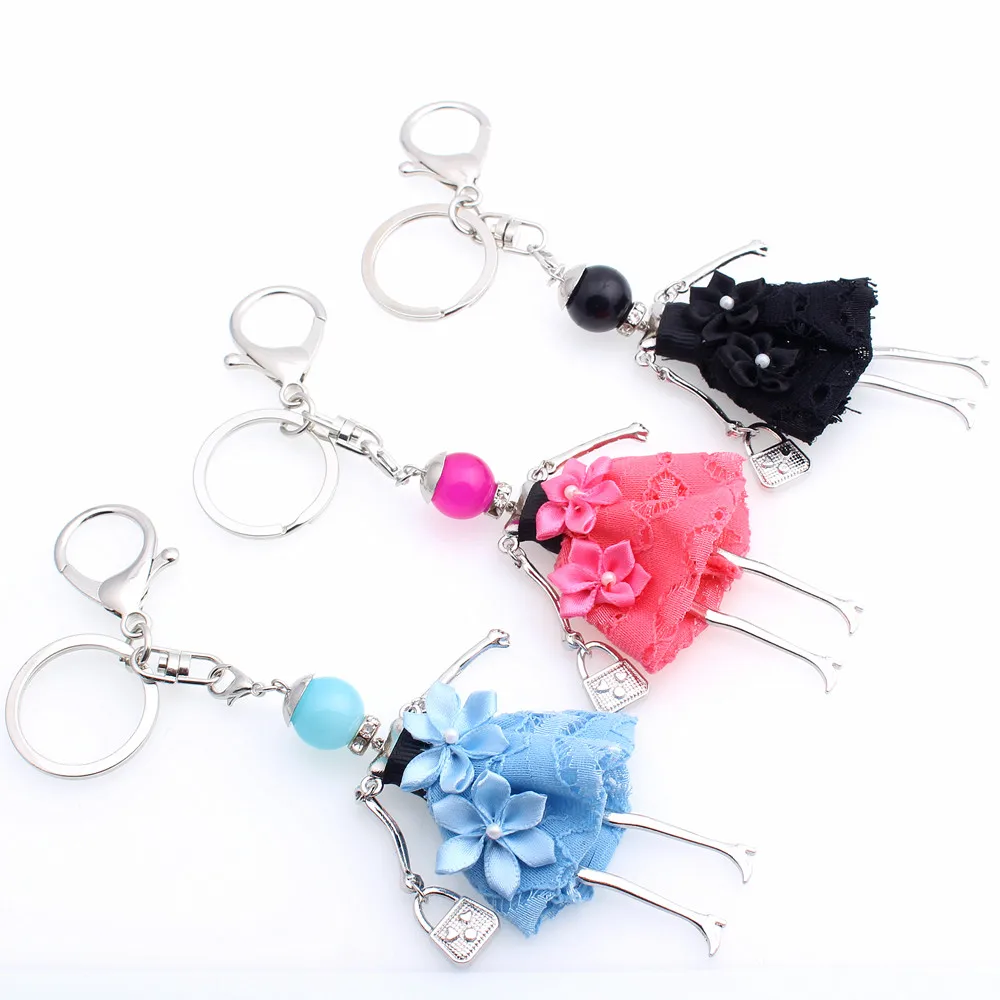 

HOCOLE long chains doll Key chain ring big Flower 2017 lovely dress charm pendant jewelry women keychain fashion wholesale