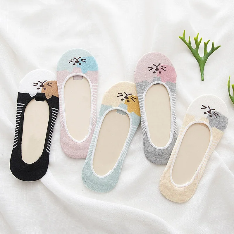 

Cute Harajuku Print Cat Socks Summer Low Cut Ankle Socks Fashion Stripe Female Invisible Socks Silicone Slip Girl Women's Socks