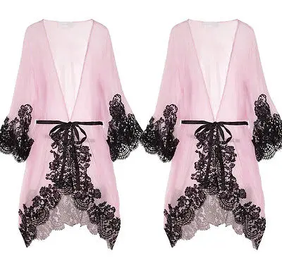 

Women Sexy Pink Lace Sleepwear Chemise Kimono Sleep Nighty Gown Bath Robe sleeping dress