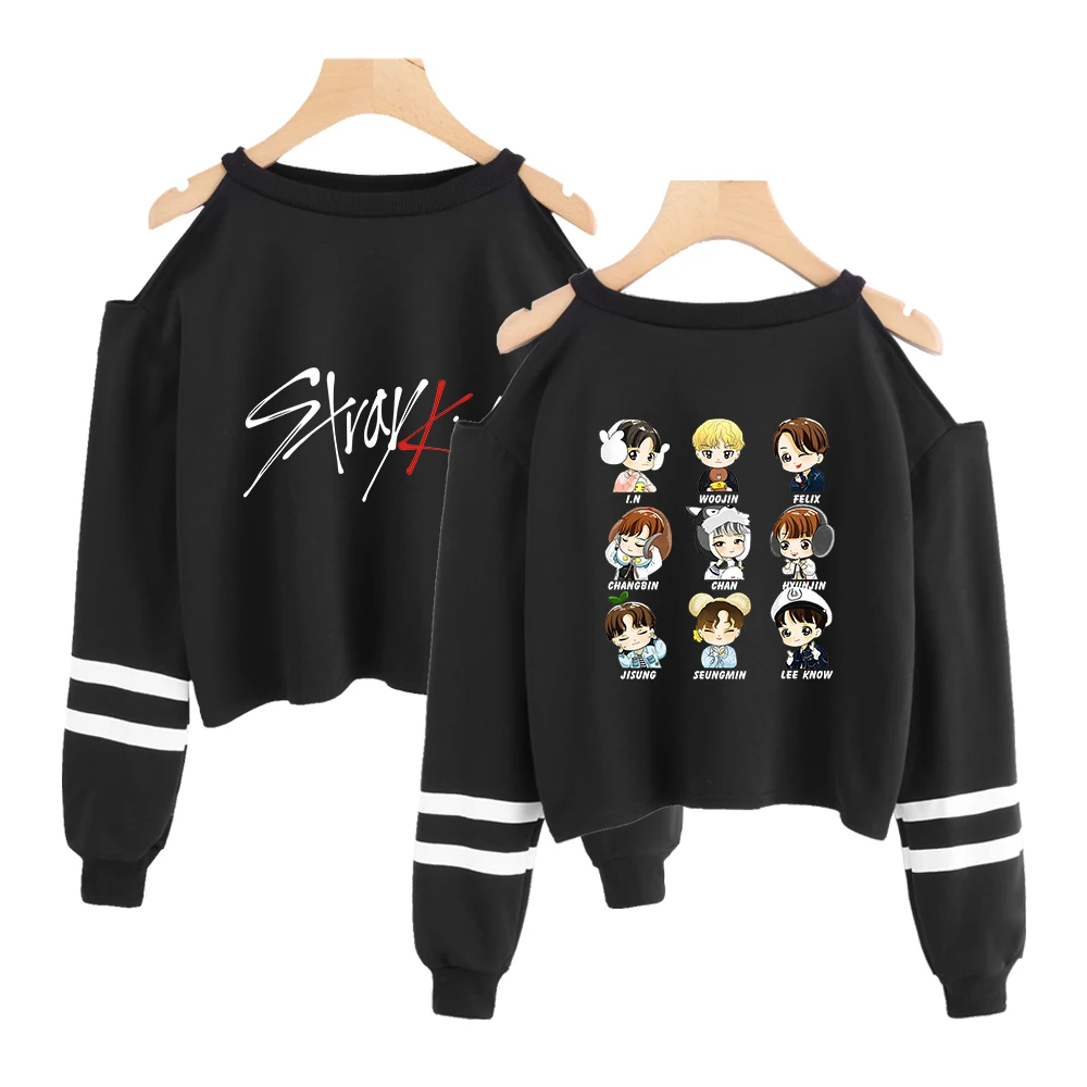 

Stray Kids Cropped Hoodie Off Shoulder Harajuku Korean Kpop Summer Kawaii Long Sleeve Sweatshirt Women Clothes 2019 Streetwear