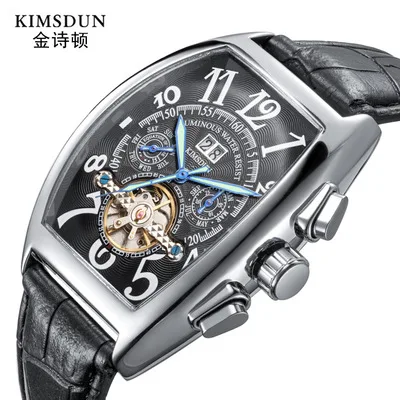 

KIMSDUN Brand Men Watch Barrel Type Tourbillon Automatic Mechanical Watch Waterproof Luminous Business Men Watch Black Leather