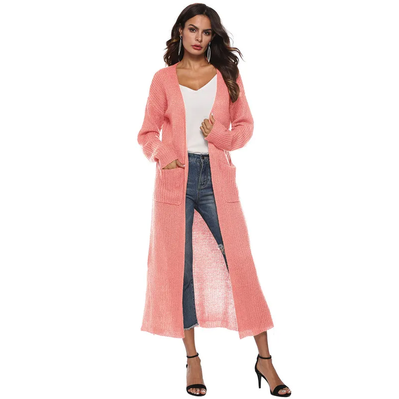 2018 autumn new women pink long knitting cotton long dress lady's open thicker big pocket boho style long Sweater XXL Dresses
