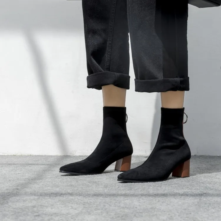 

Big Size 9 10 11 12 Pure-color pointed heavy-heeled zipper metal round-buttoned boots