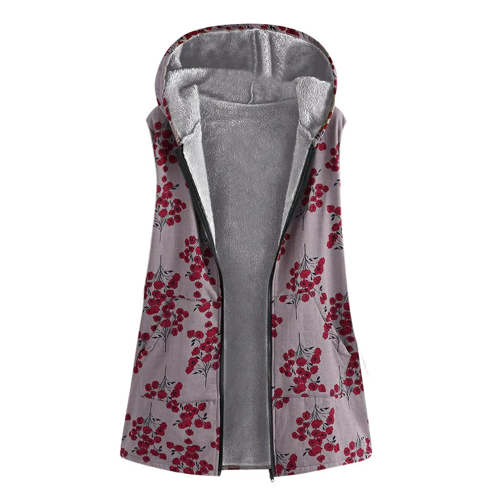 

Feitong Womens Winter Warm Outwear Floral Print Hooded Pockets Vintage Oversize Coats veste longue femme