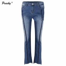Модные бросился женщина Прямые Джинсы женские Обрезка сращены линии шва Мотобрюки регулярное Ретро осень Демин Брюки для девочек с карманами