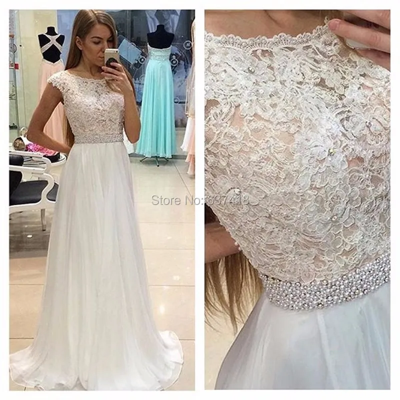 

2017 White Long Evening Dress Prom Dress with Lace Appliques and Pearl Beads Formal Dress Abendkleider