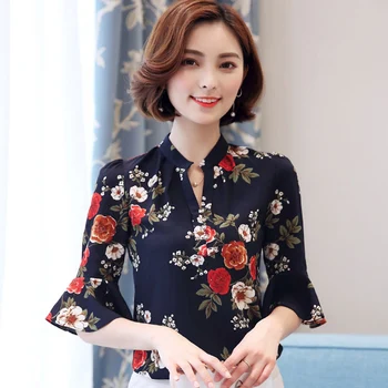 

Flare Sleeve Lady Chiffon Blouses Plus Size M-3XL V-Neck Flower Printed Women Summer Fashion Shirts