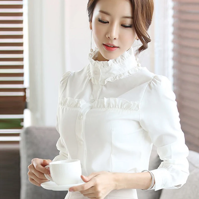 Женская шифоновая блузка с длинным рукавом и оборками|chiffon shirt|blouse rufflewomen long sleeve |