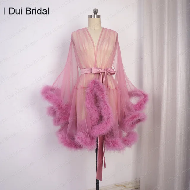 Short Feather Robe Dressing Gown Bridal Boudoir Sheer Robe Tulle ...