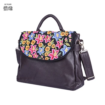 

2017 Ethnic Embroidery Tote Handbag Fashion Handmade Flower Embroidered Small flap Bag Women black leather Shopper Bolsos brown